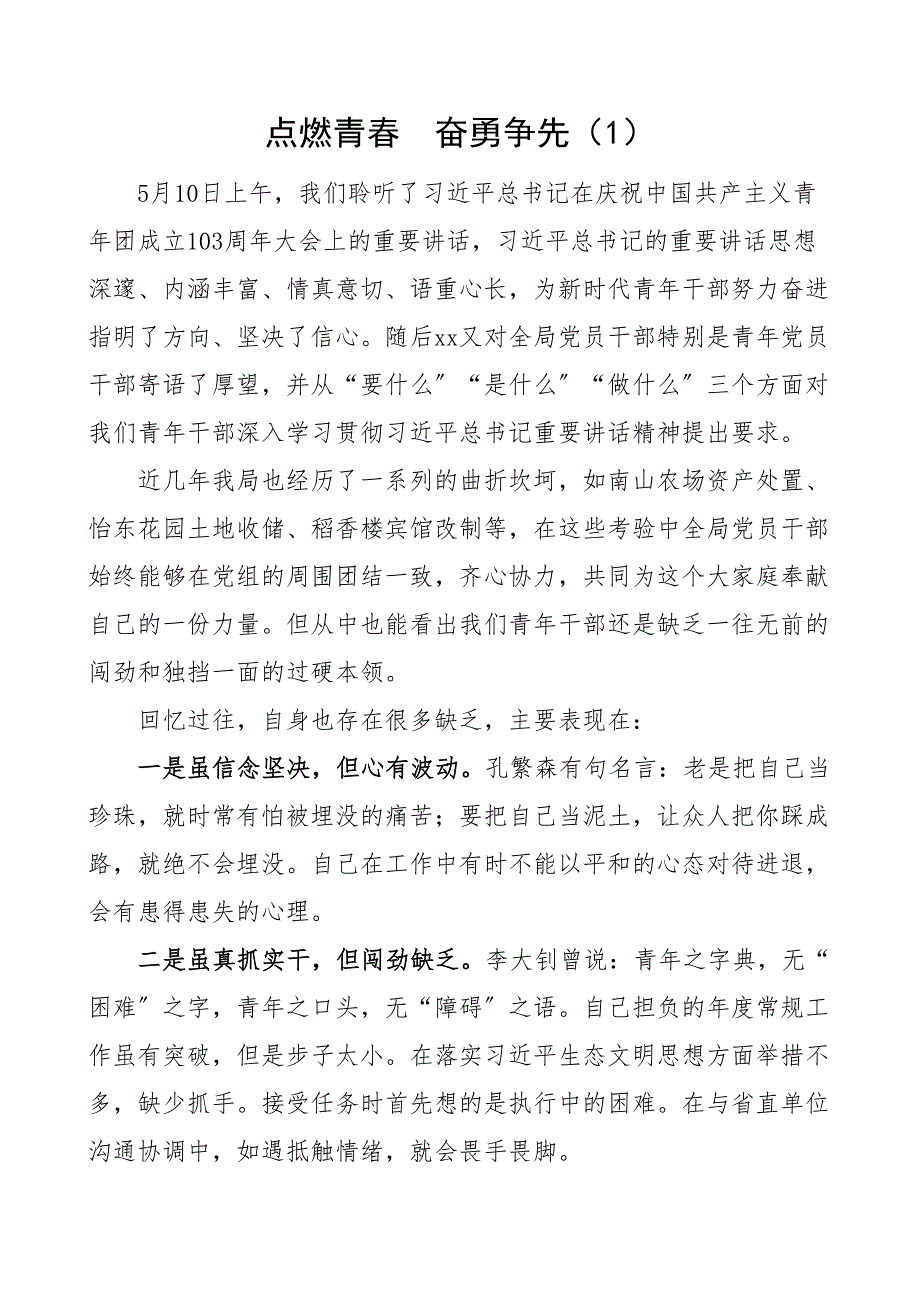 103周年大会上的重要讲话精神心得体会6篇共青团研讨发言材料参考 2范文_第1页