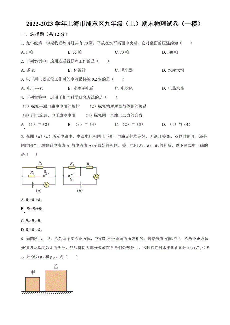 2023上海浦新东区九年级初三上学期一模物理试题及答案_第1页