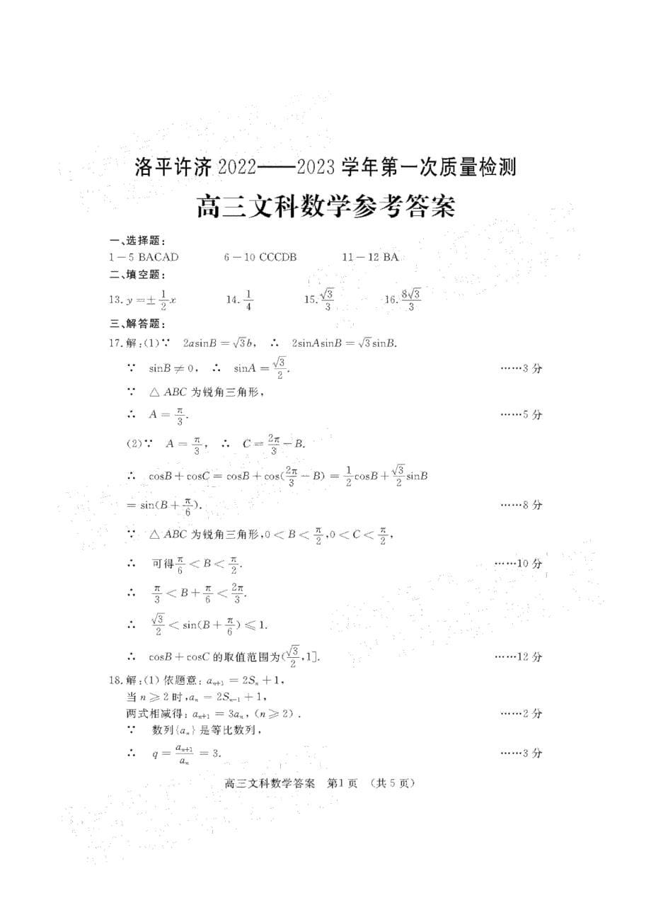2022-2023学年河南省洛平许济第一次质量检测高三文数试题和答案_第5页