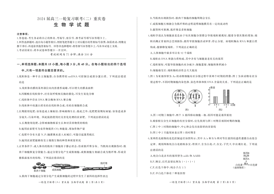 2024届重庆高三上学期一轮复习联考（二）生物试卷及答案_第1页