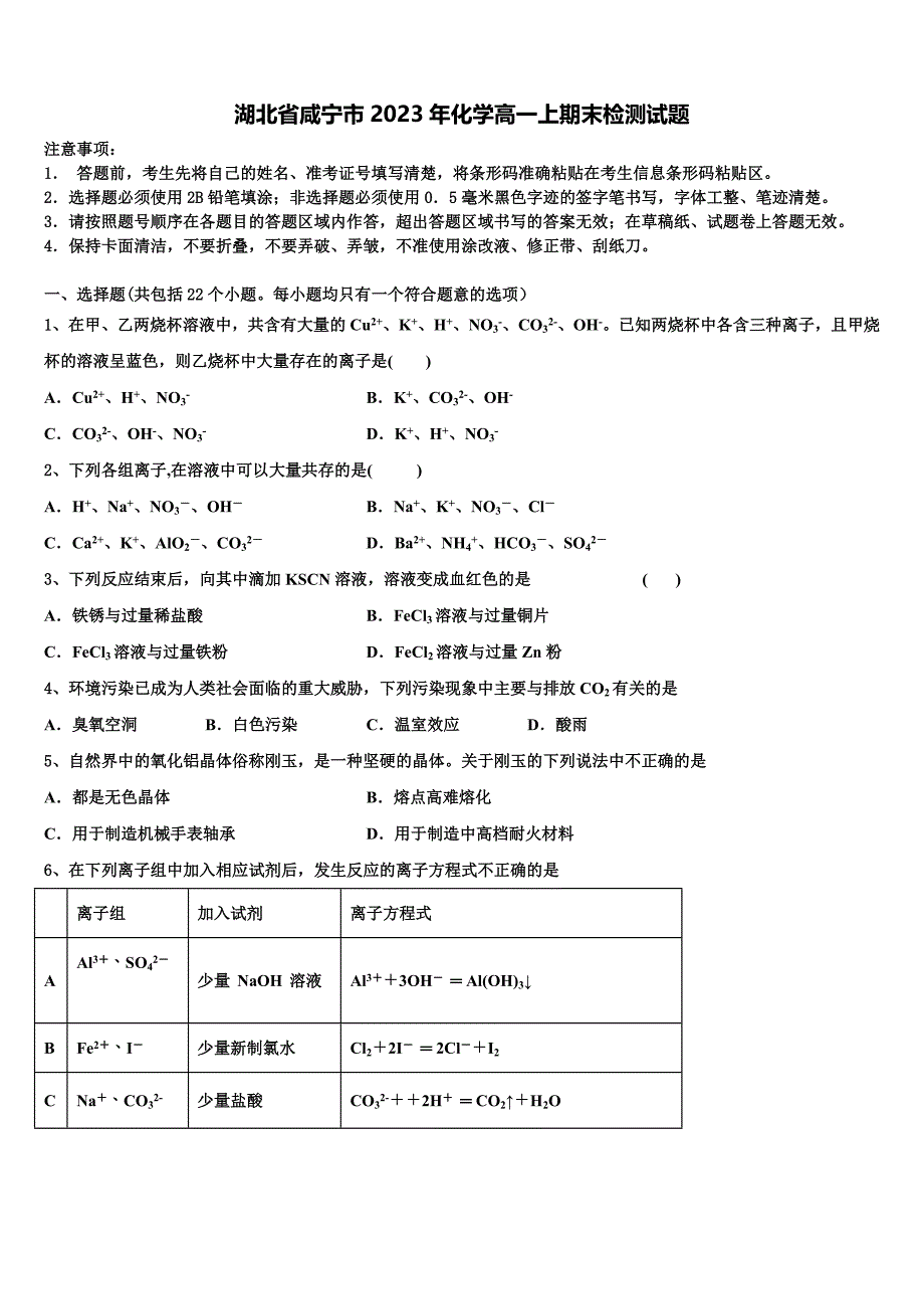 湖北省咸宁市2023年化学高一上期末检测试题含解析_第1页