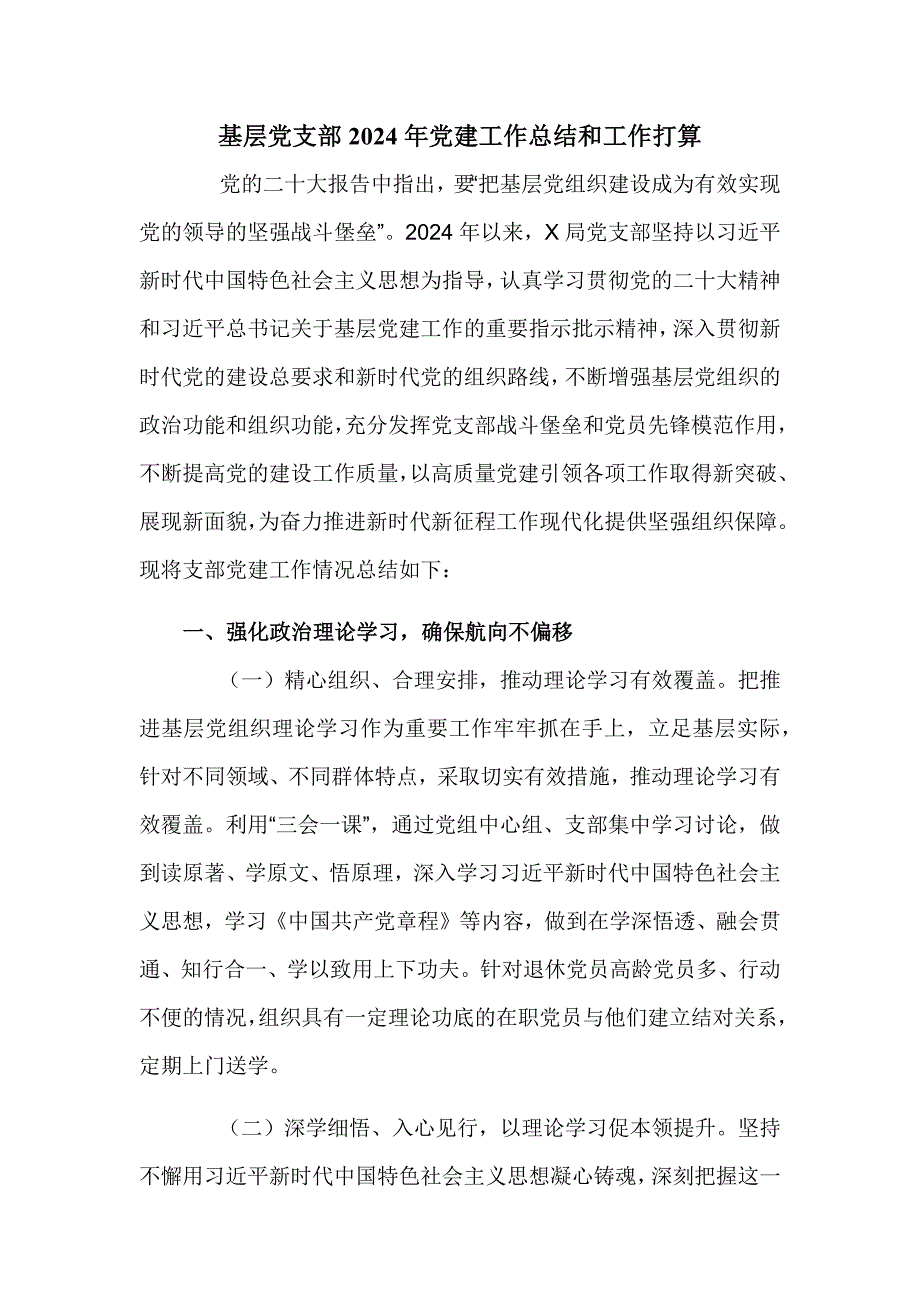 基层党支部2024年党建工作总结和工作打算_第1页