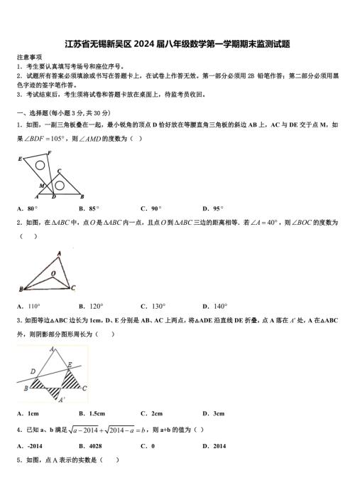 江苏省无锡新吴区2024届八年级数学第一学期期末监测试题附答案