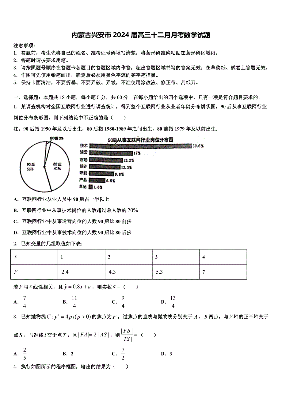 内蒙古兴安市2024届高三十二月月考数学试题_第1页