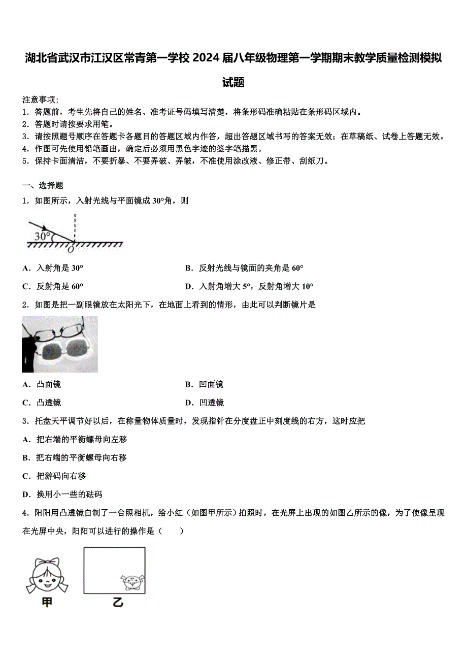 湖北省武汉市江汉区常青第一学校2024届八年级物理第一学期期末教学质量检测模拟试题附答案_第1页