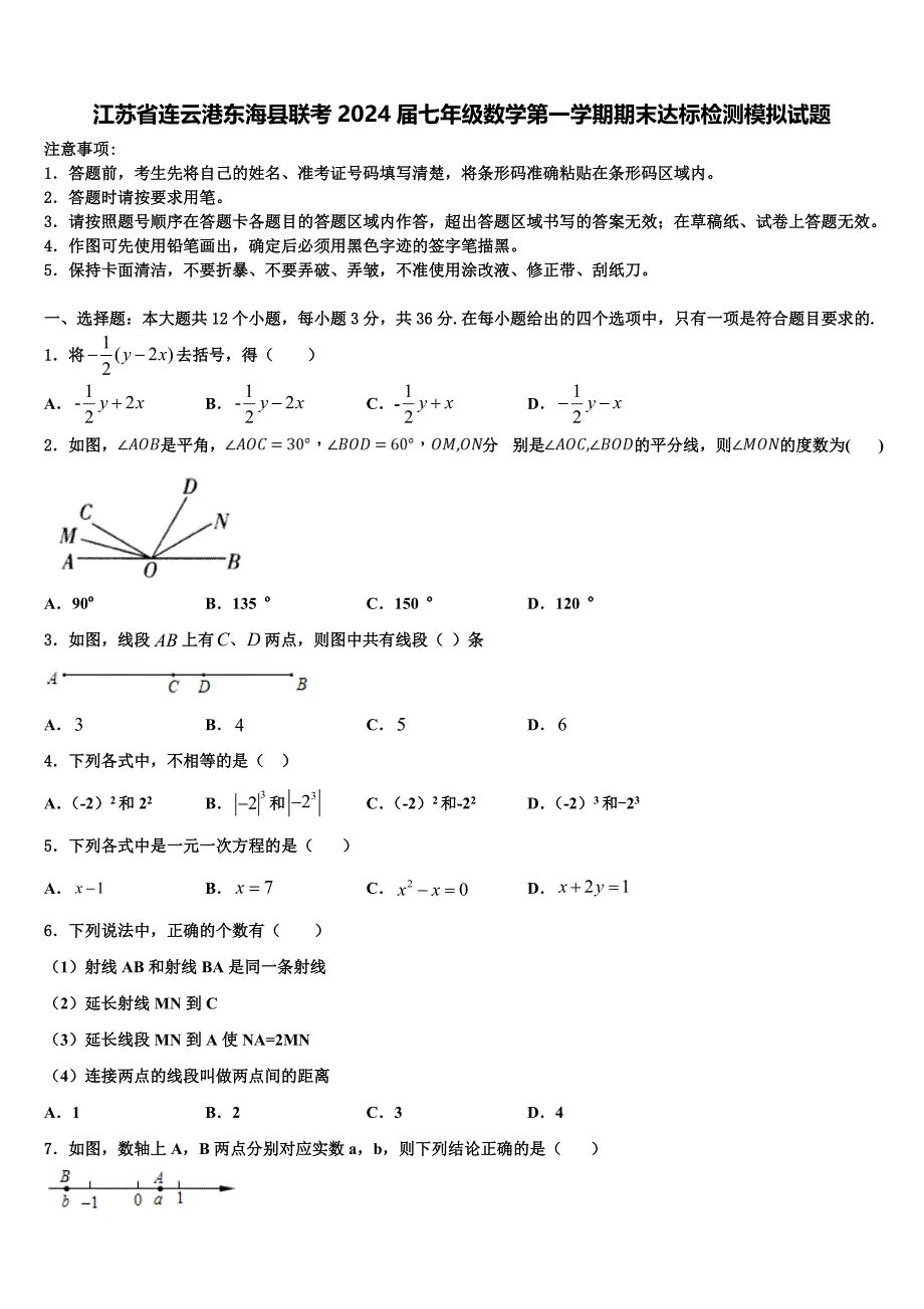 江苏省连云港东海县联考2024届七年级数学第一学期期末达标检测模拟试题附答案_第1页