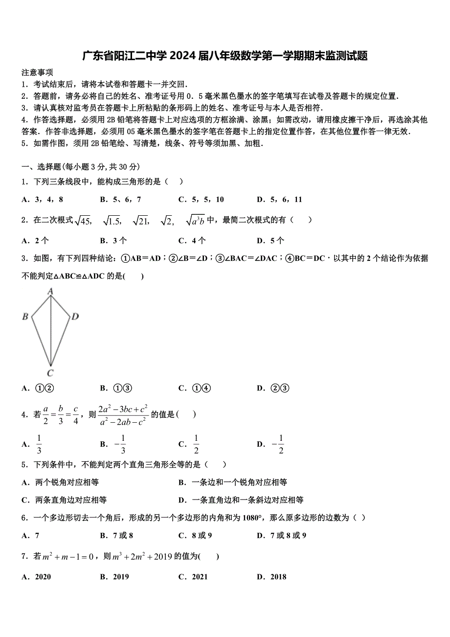 广东省阳江二中学2024届八年级数学第一学期期末监测试题附答案_第1页