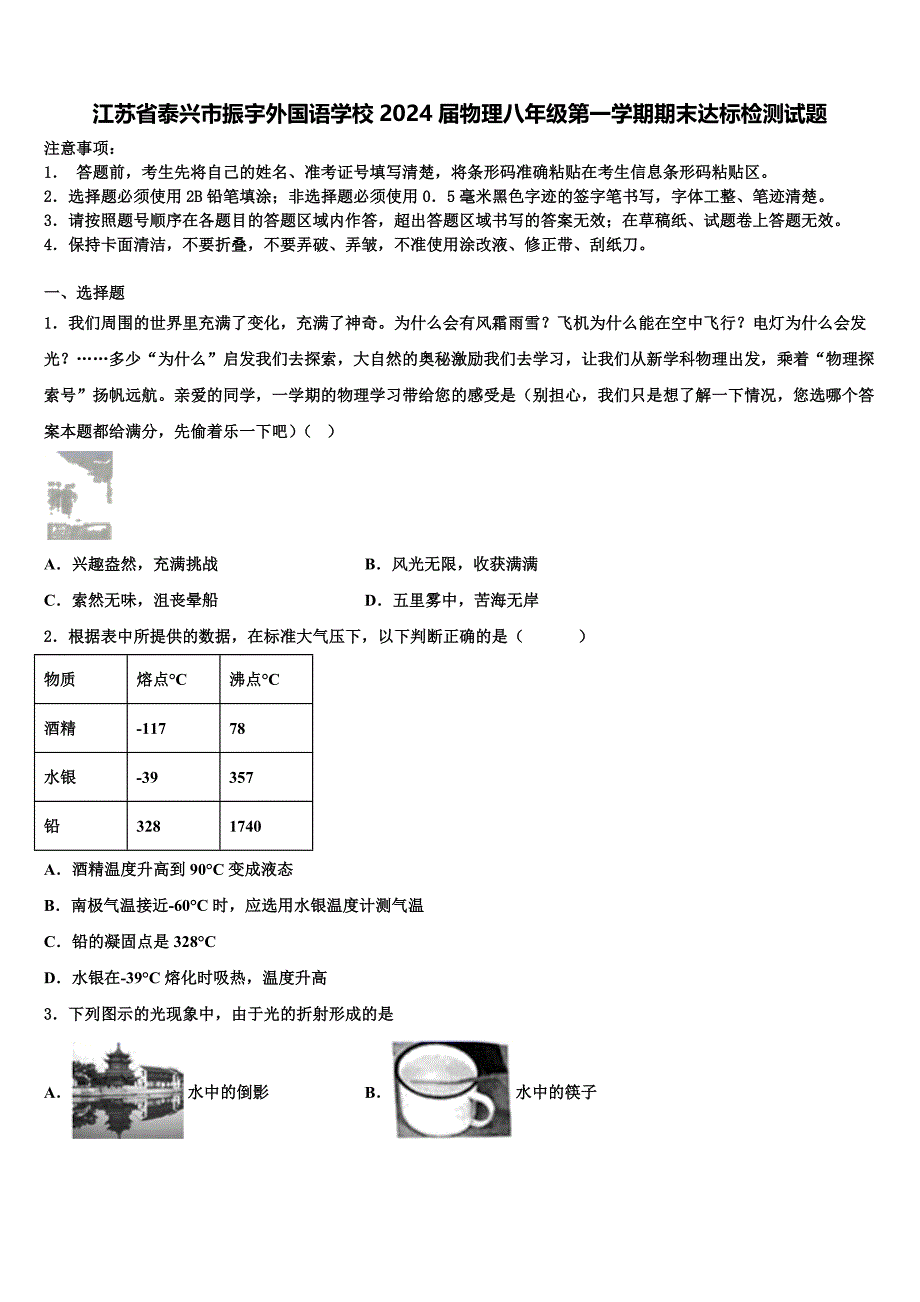 江苏省泰兴市振宇外国语学校2024届物理八年级第一学期期末达标检测试题附答案_第1页