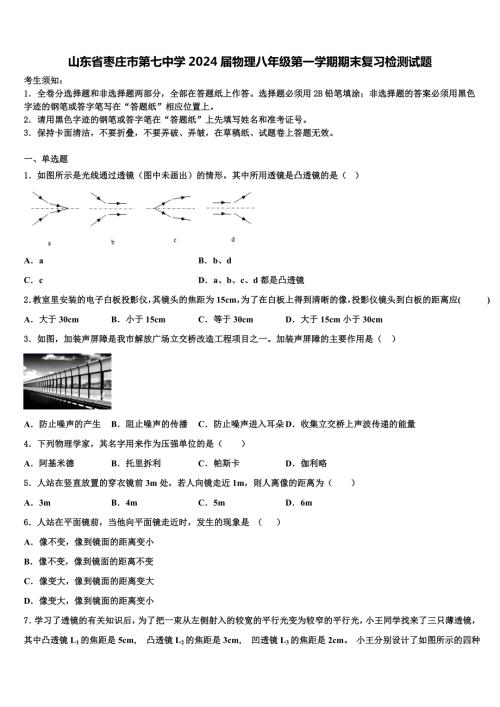 山东省枣庄市第七中学2024届物理八年级第一学期期末复习检测试题附答案