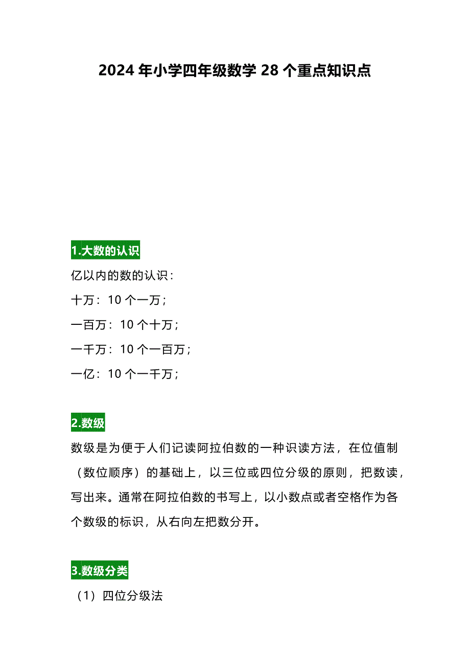 2024年小学四年级数学28个重点知识点_第1页