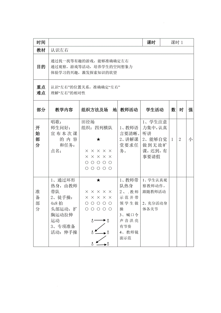 人教版体育一年级下册认识左右（教案）_第1页