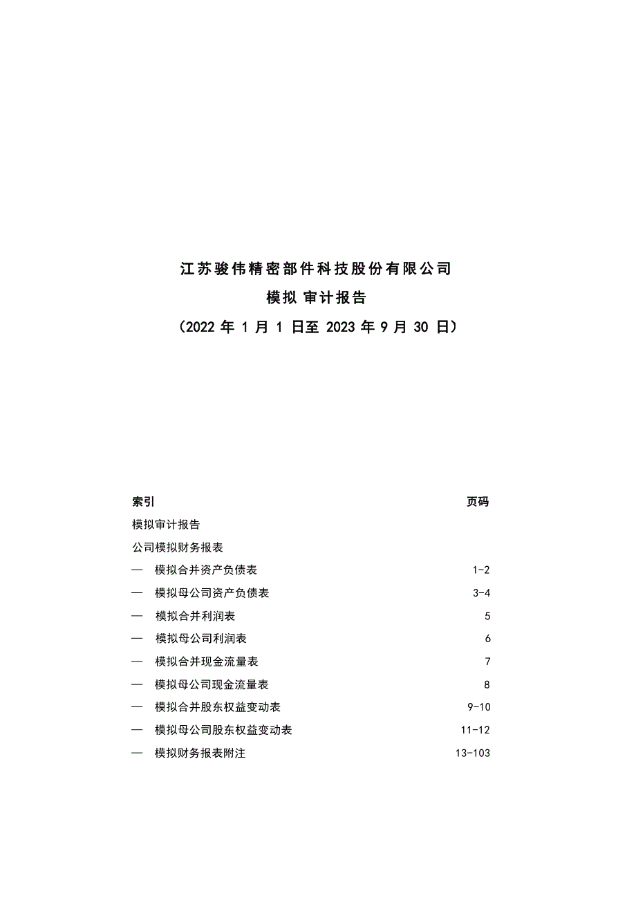 顺威股份：江苏骏伟精密部件科技股份有限公司模拟审计报告_第1页