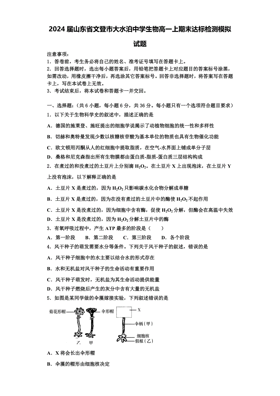 2024届山东省文登市大水泊中学生物高一上期末达标检测模拟试题含解析_第1页