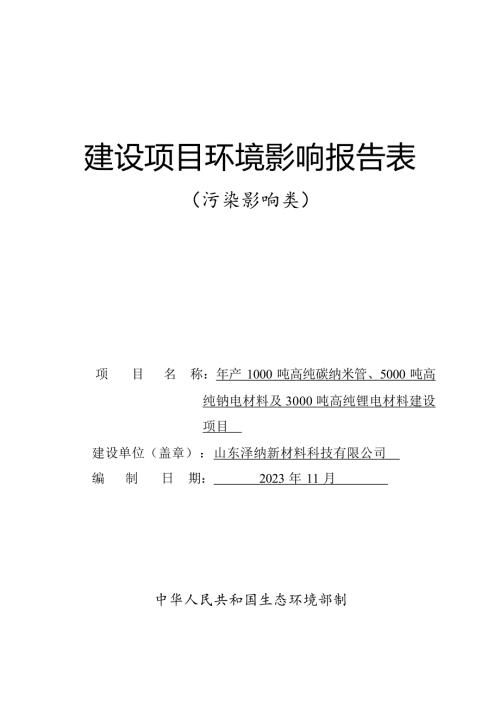 年产1000吨高纯碳纳米管、5000吨高纯钠电材料及3000吨高纯锂电材料建设项目环评报告表