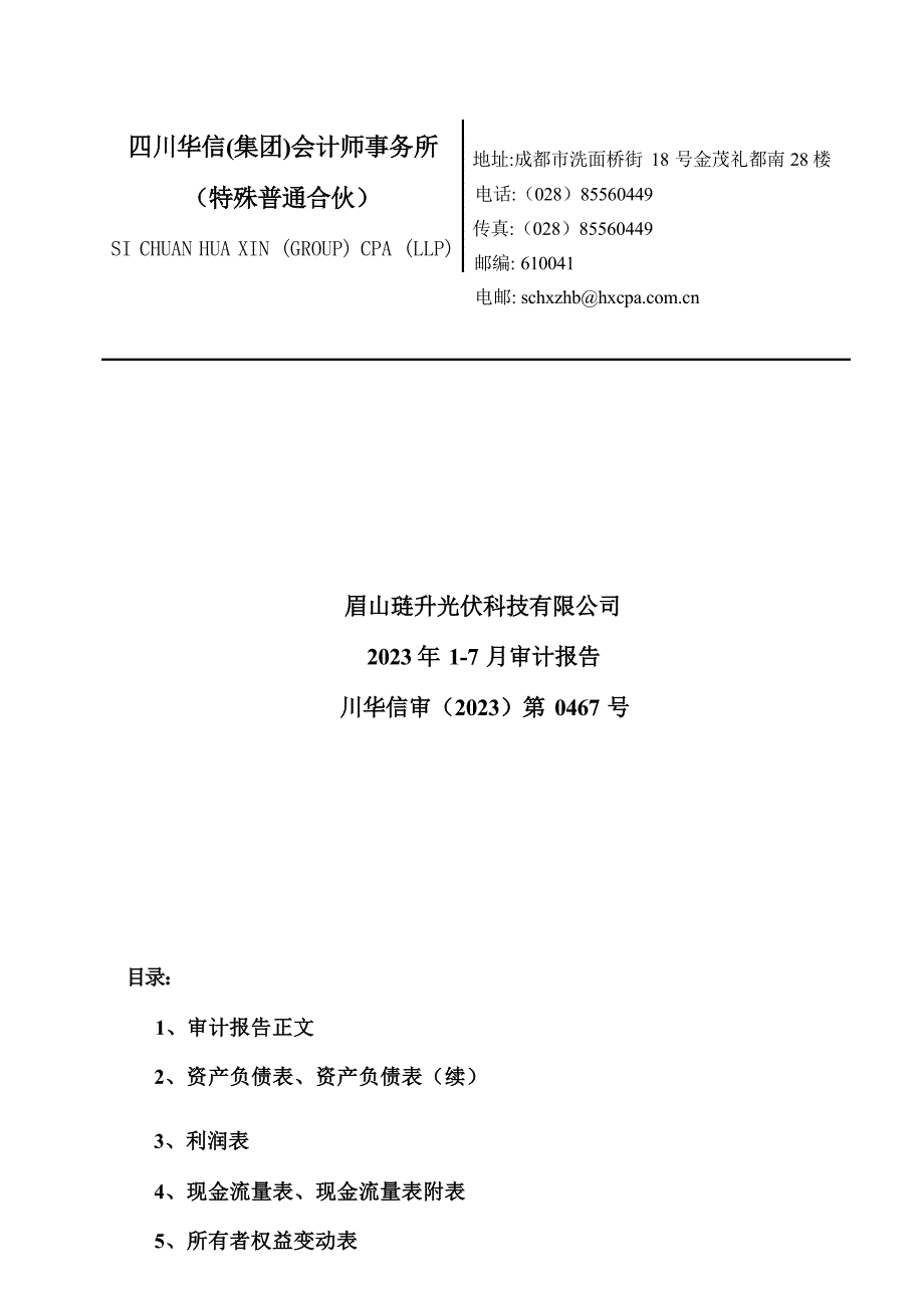 琏升科技：眉山琏升光伏科技有限公司2023年1-7月审计报告_第1页