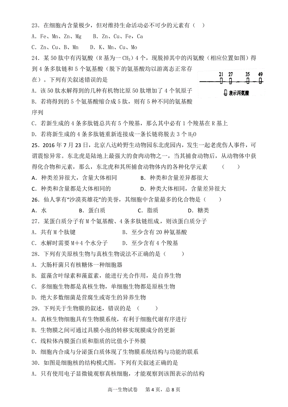 高一上学期期中考试生物试卷（人教A版）_第4页