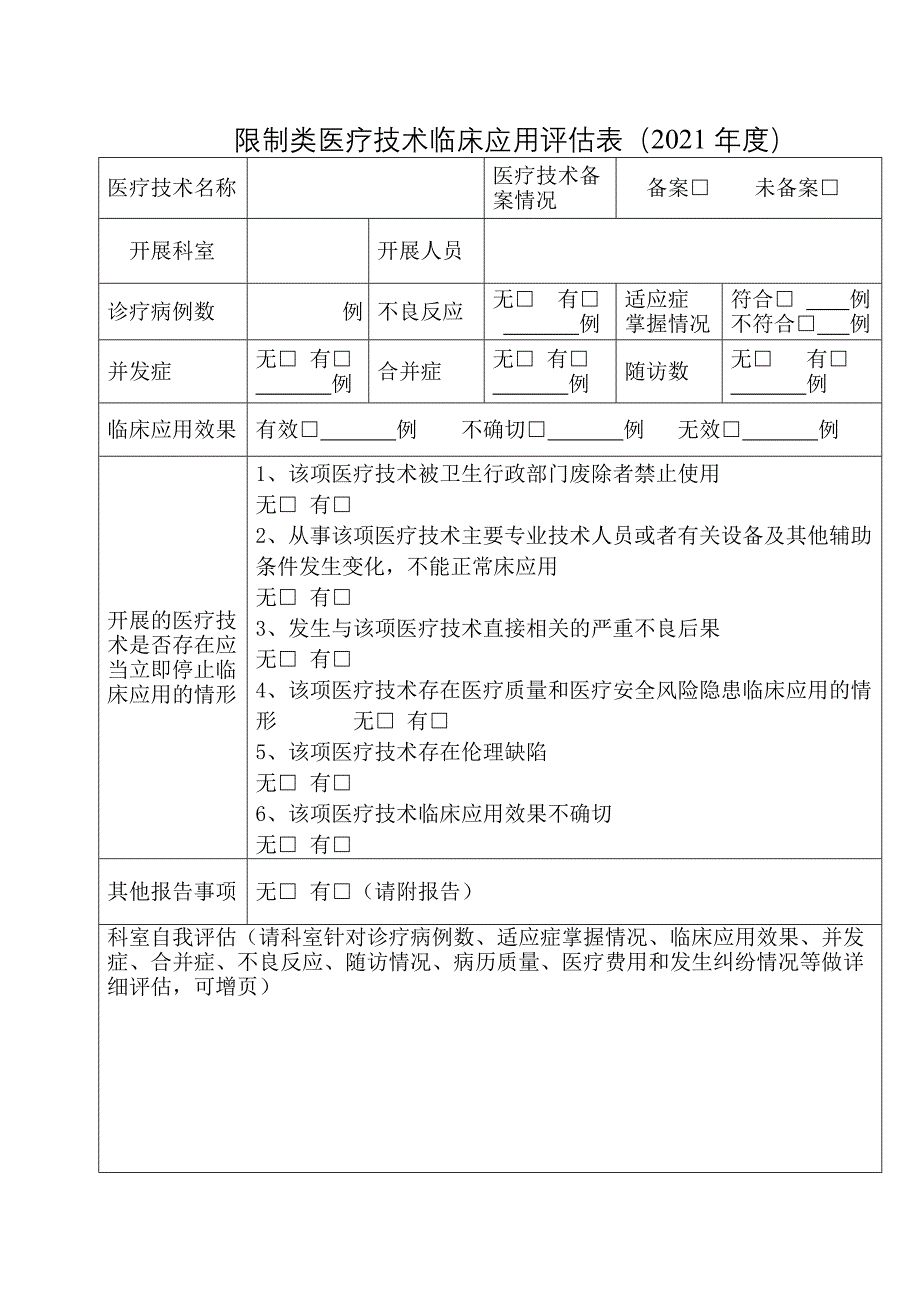 限制类医疗技术临床应用评估表(年度)_第1页