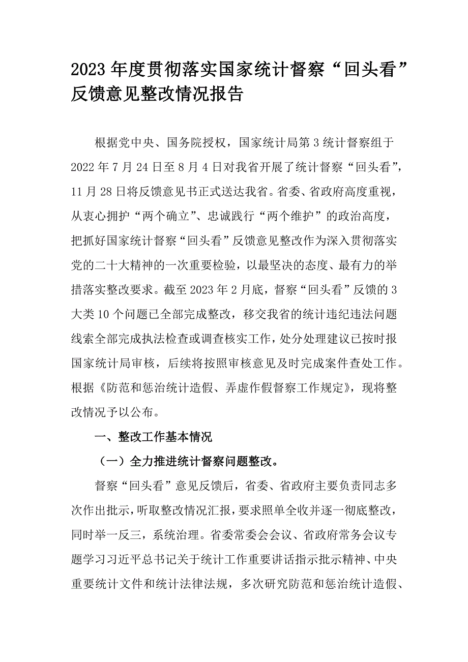 2023年度贯彻落实国家统计督察“回头看”反馈意见整改情况报告_第1页