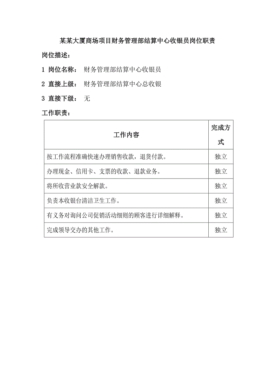 某某大厦商场项目财务管理部结算中心收银员岗位职责_第1页