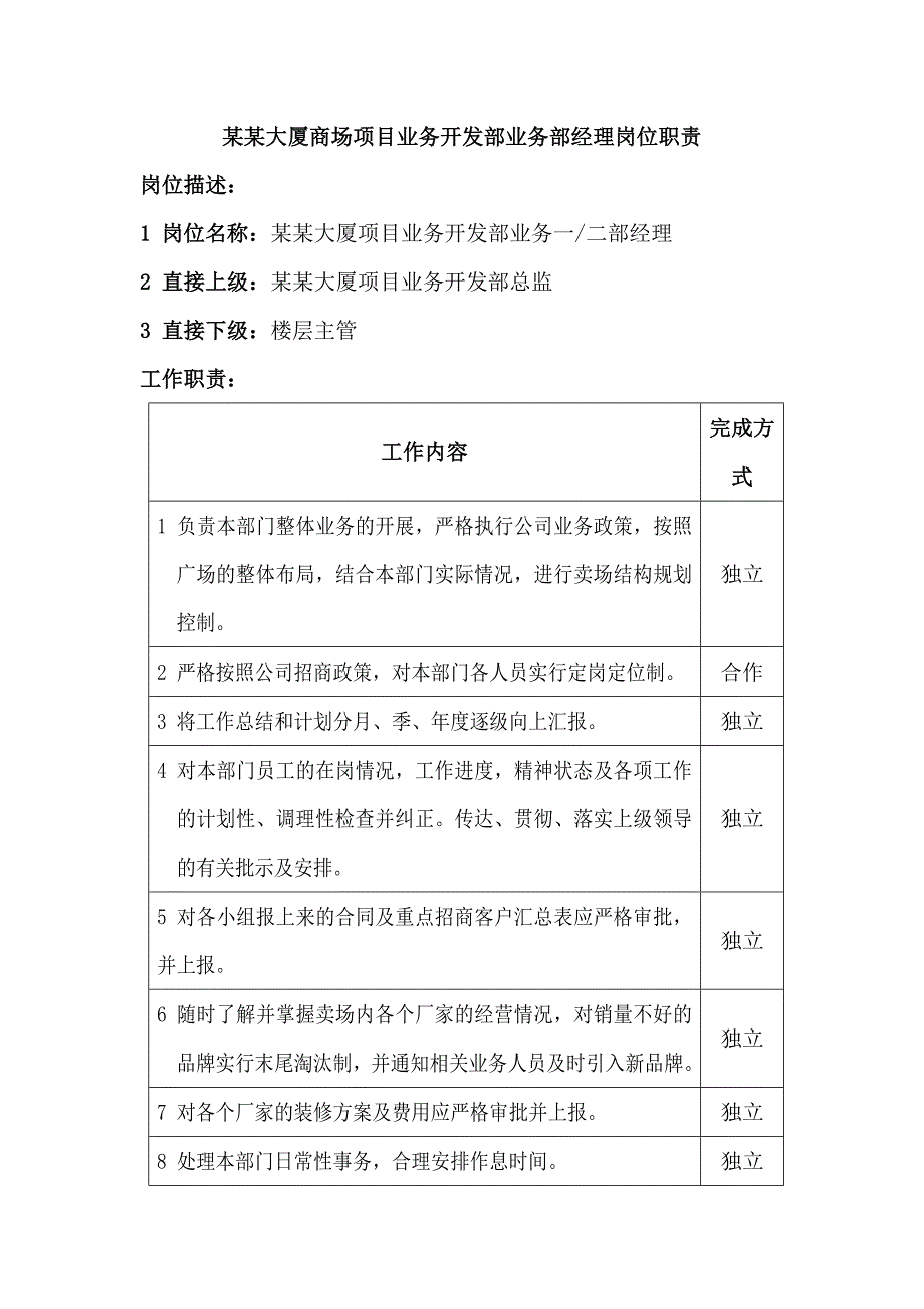 某某大厦商场项目业务开发部业务部经理岗位职责_第1页