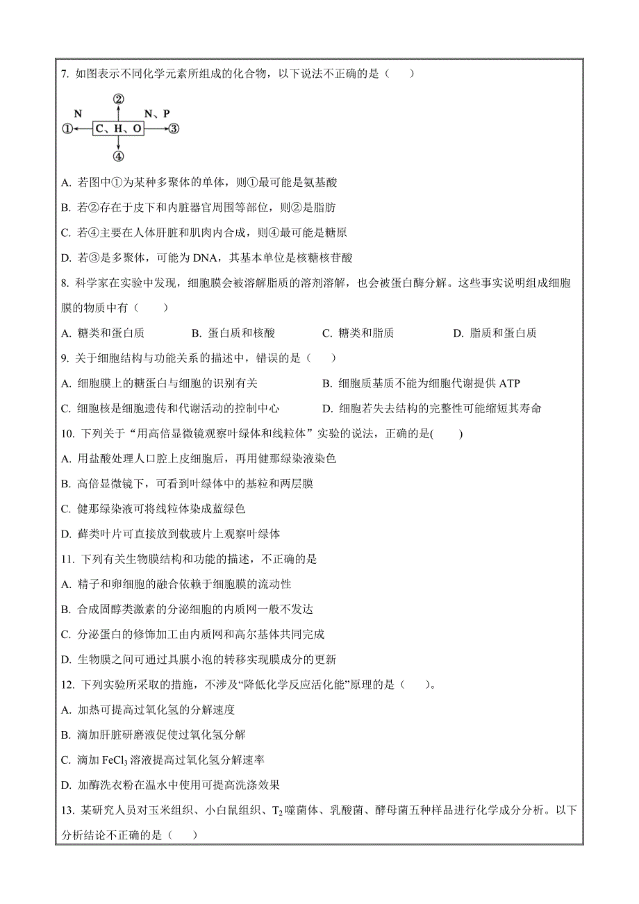 四川省宜宾市四中2023-2024学年高一上学期1月期末生物（原卷版）_第2页