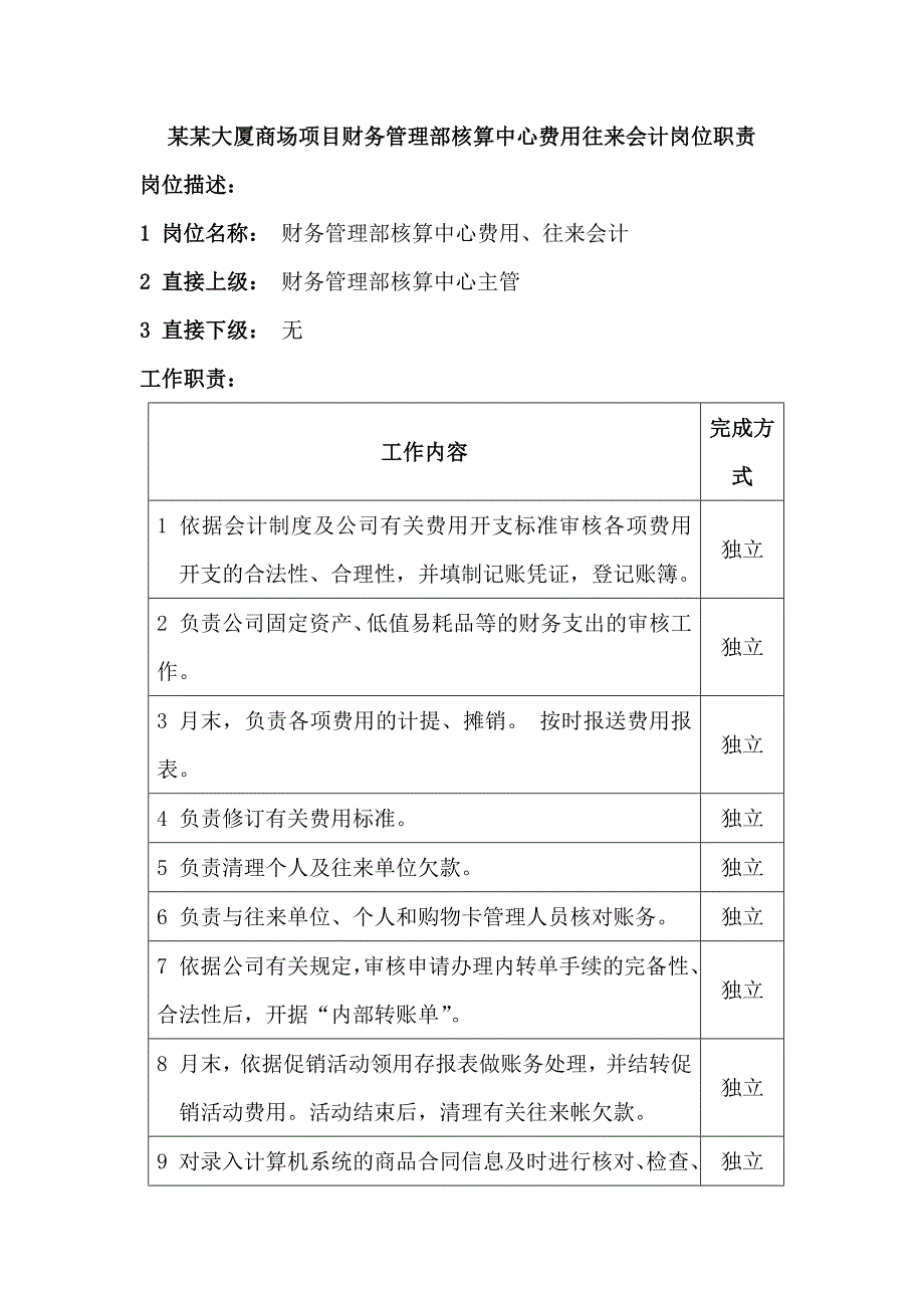 某某大厦商场项目财务管理部核算中心费用往来会计岗位职责_第1页