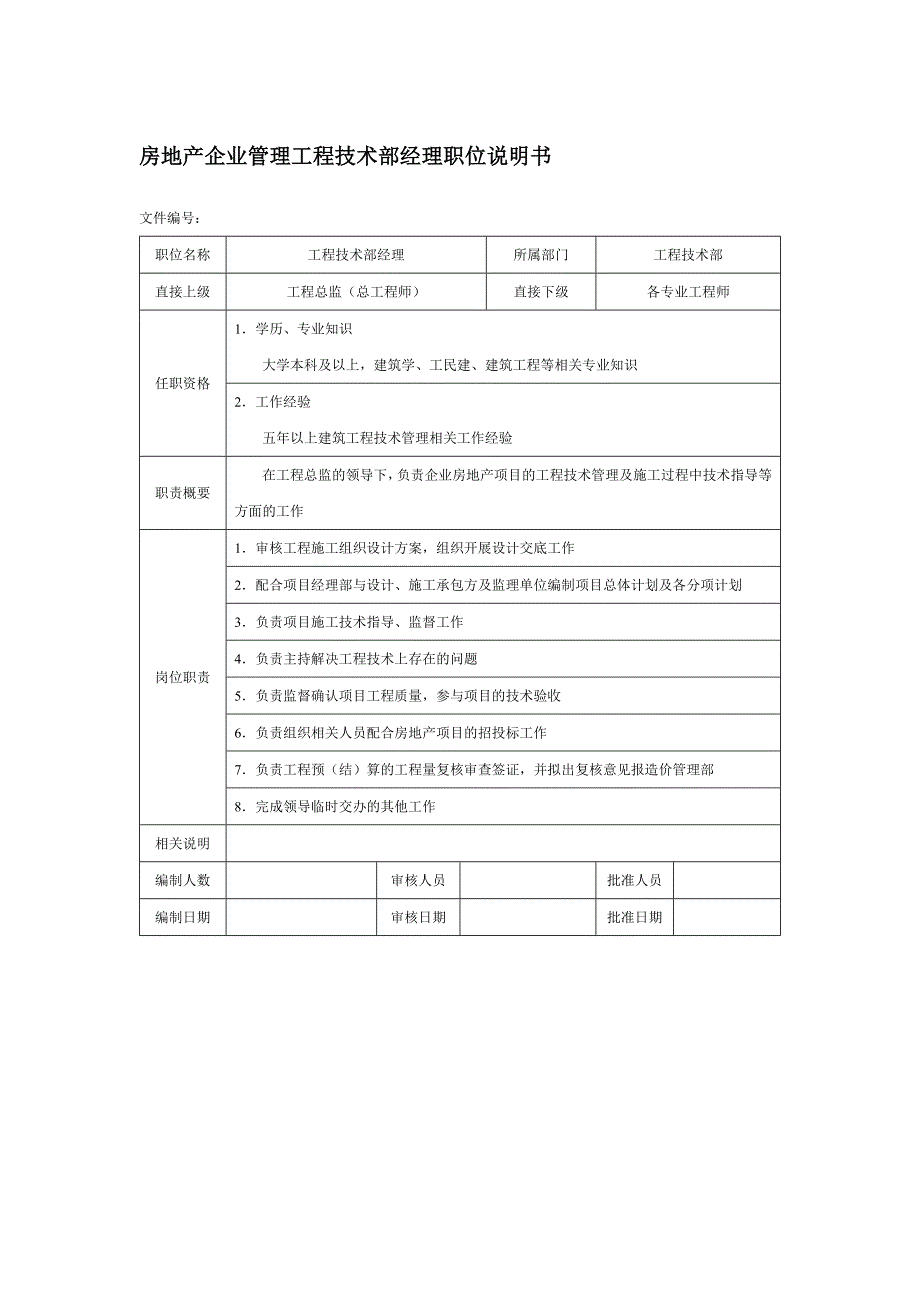 房地产企业管理工程技术部经理职位说明书_第1页