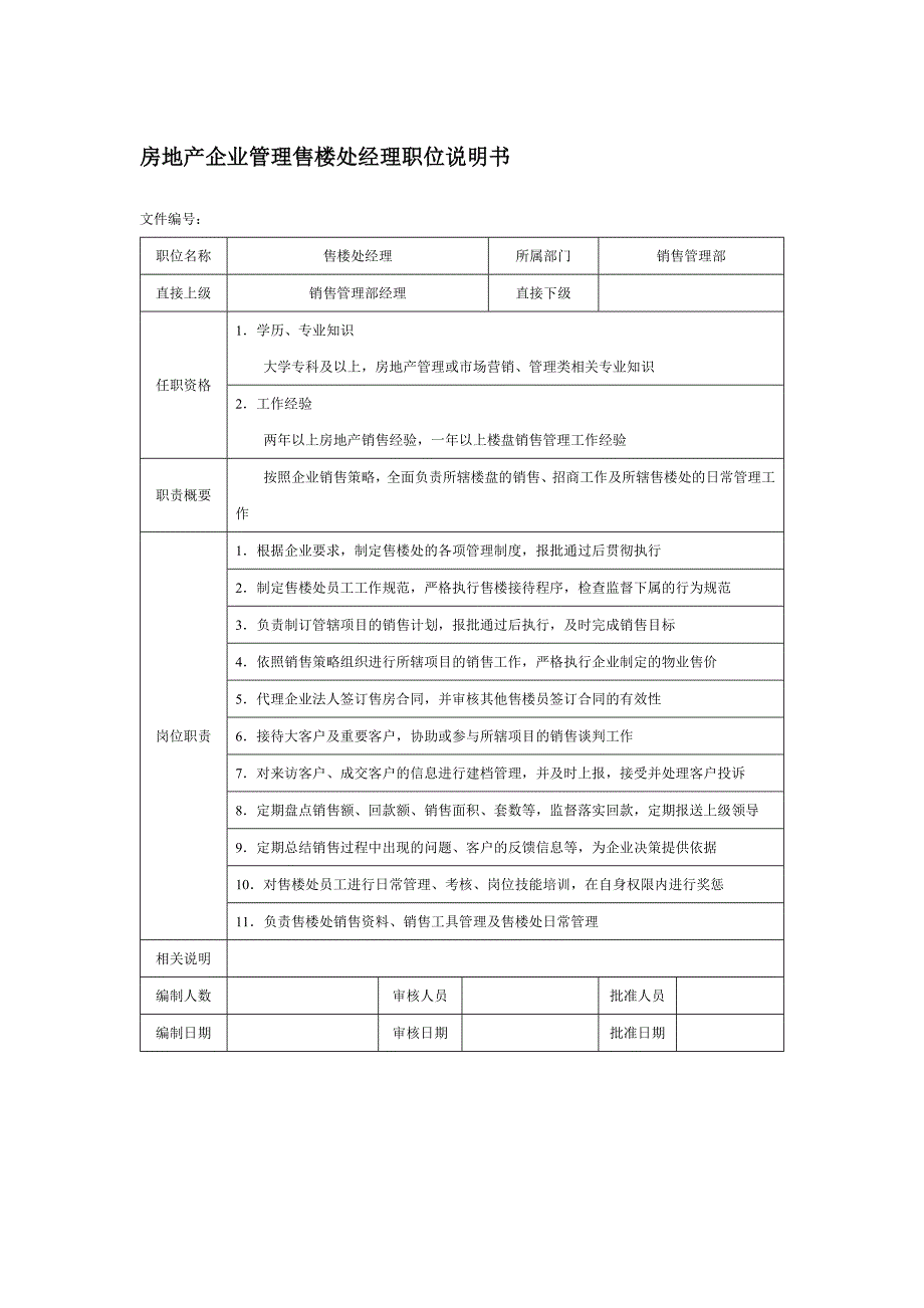 房地产企业管理售楼处经理职位说明书_第1页