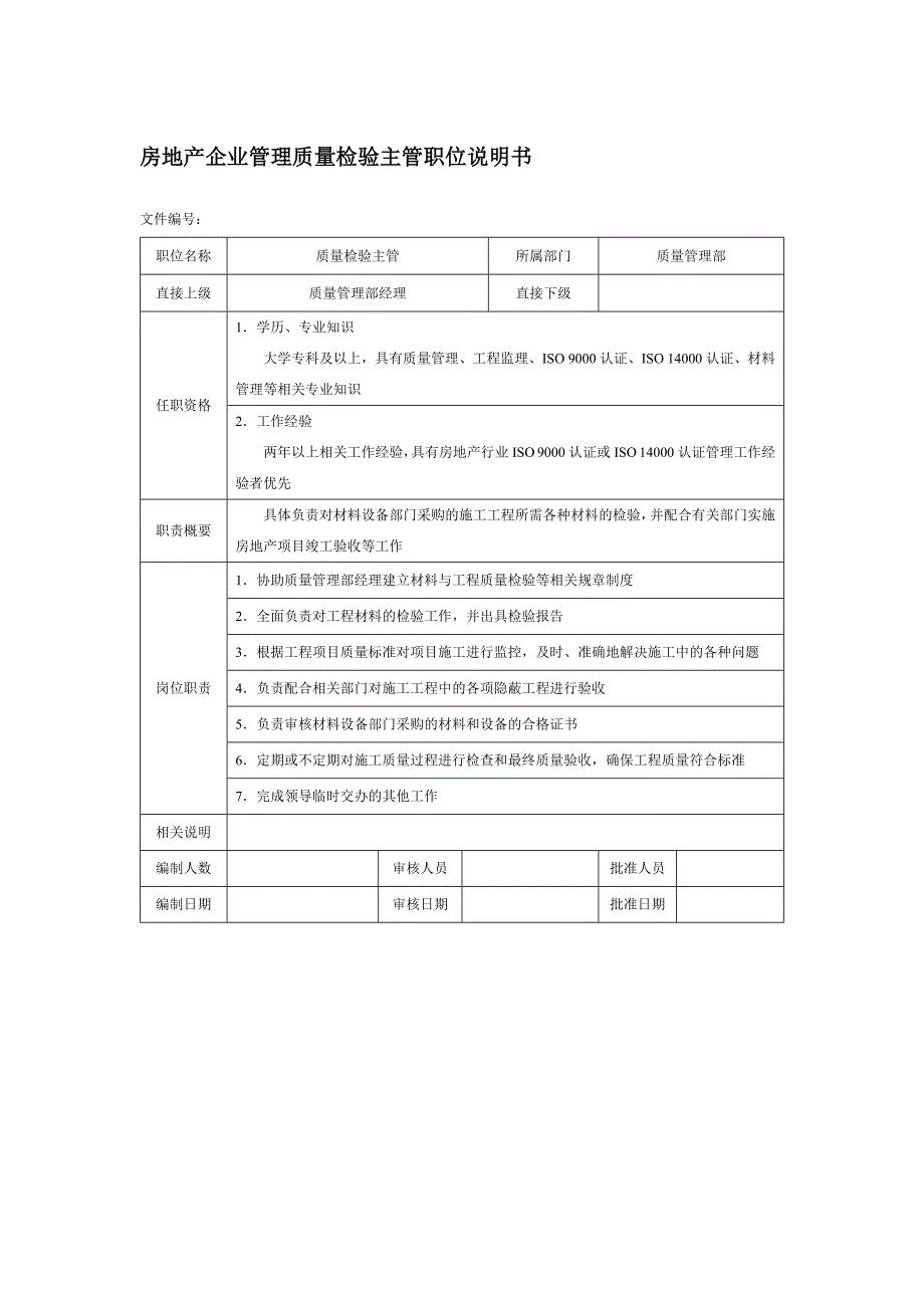 房地产企业管理质量检验主管职位说明书_第1页