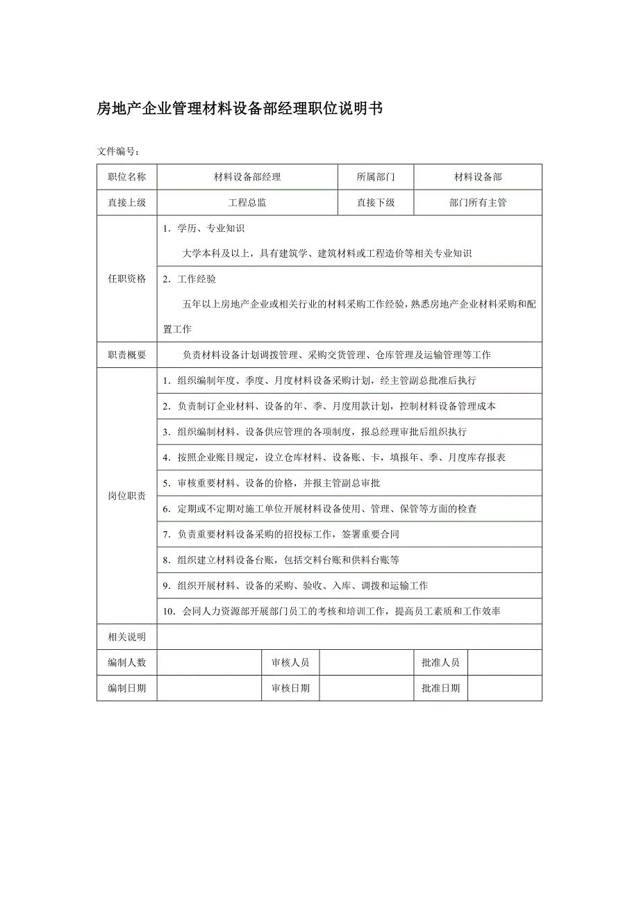 房地产企业管理材料设备部经理职位说明书_第1页