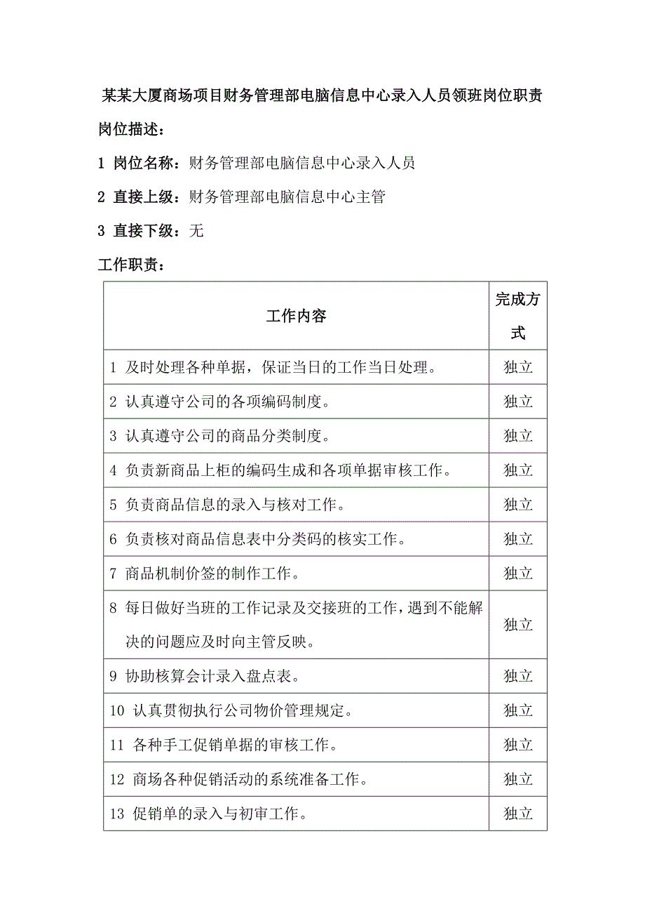 某某大厦商场项目财务管理部电脑信息中心录入人员领班岗位职责_第1页