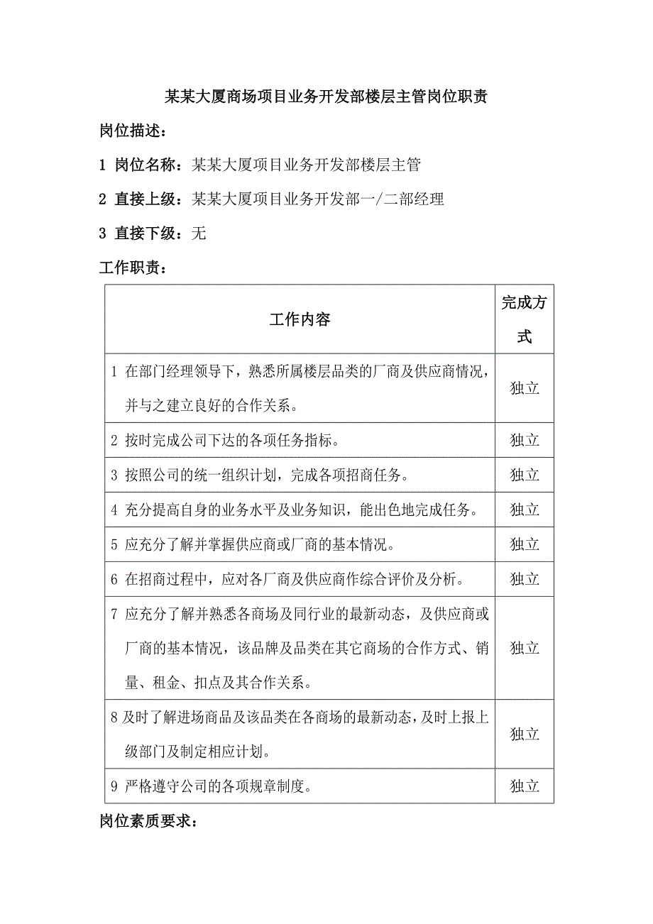 某某大厦商场项目业务开发部楼层主管岗位职责_第1页