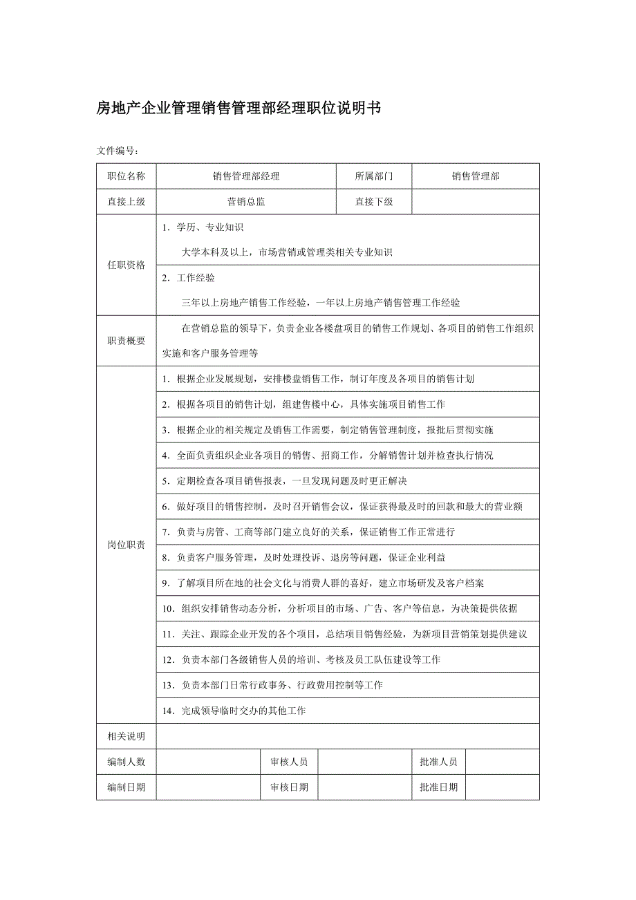 房地产企业管理销售管理部经理职位说明书_第1页