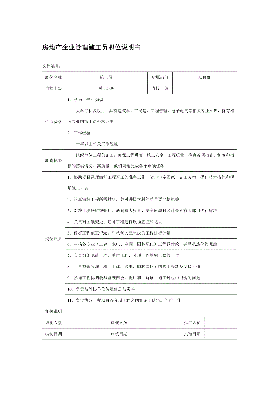 房地产企业管理施工员职位说明书_第1页