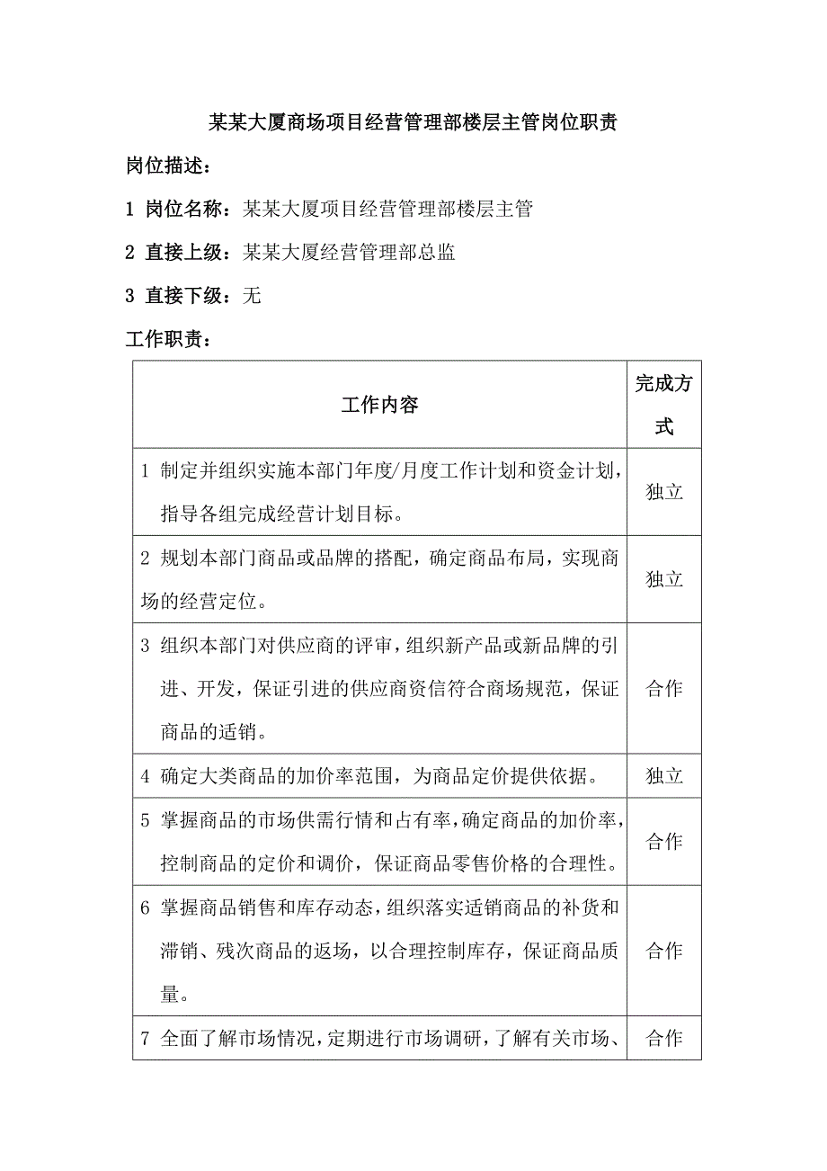 某某大厦商场项目经营管理部楼层主管岗位职责_第1页