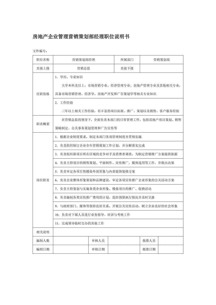 房地产企业管理营销策划部经理职位说明书_第1页