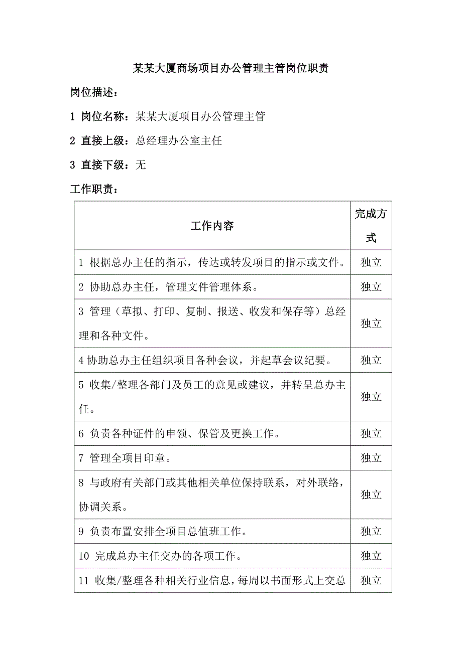 某某大厦商场项目办公管理主管岗位职责_第1页