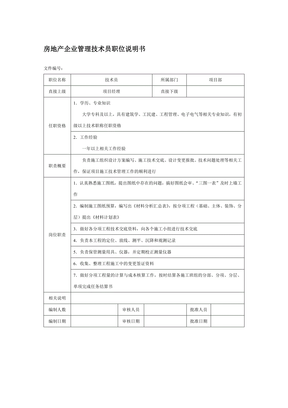 房地产企业管理技术员职位说明书_第1页