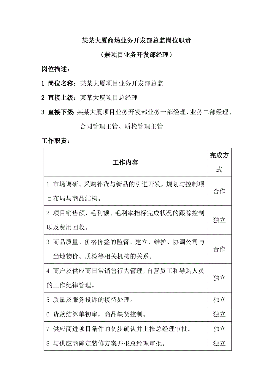 某某大厦商场业务开发部总监岗位职责_第1页