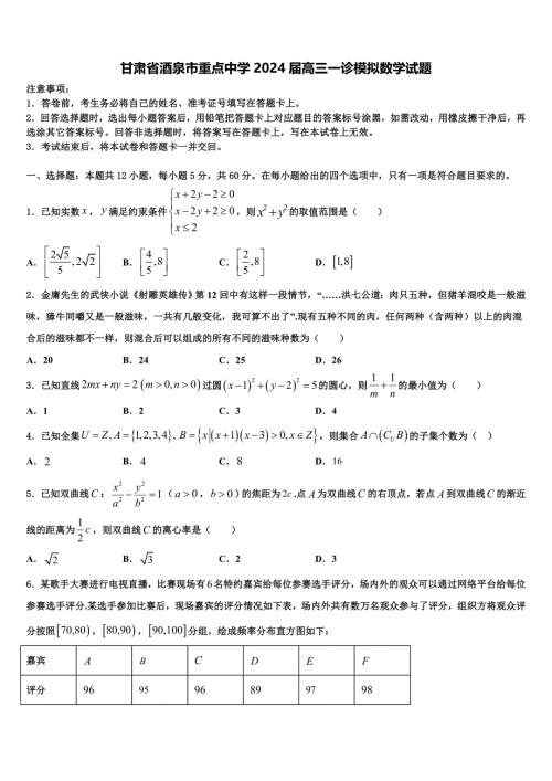 甘肃省酒泉市重点中学2024届高三一诊模拟数学试题