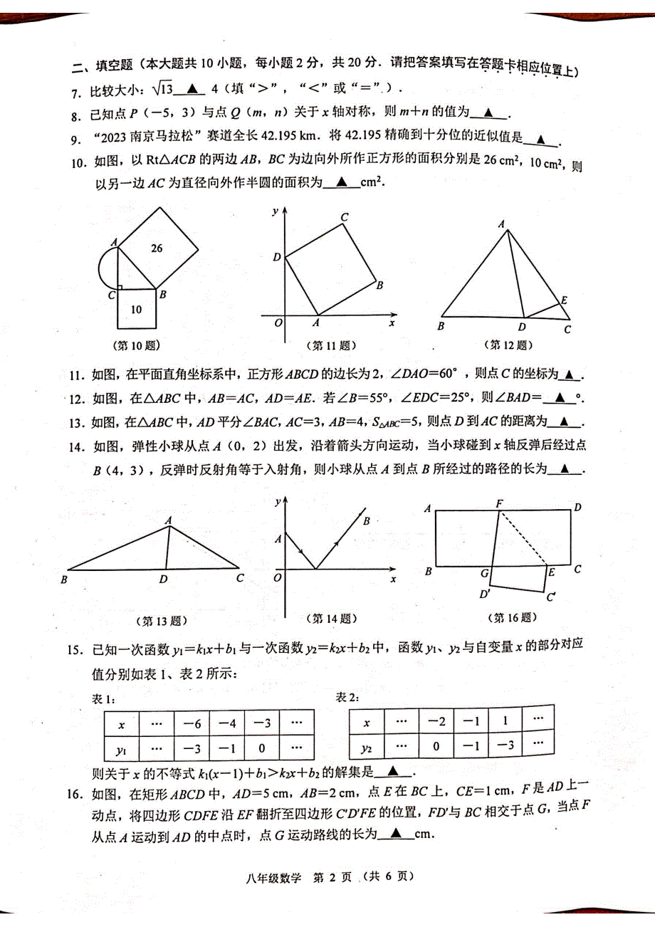 南京建邺区2023-2024八年级上学期期末数学试卷及答案_第2页