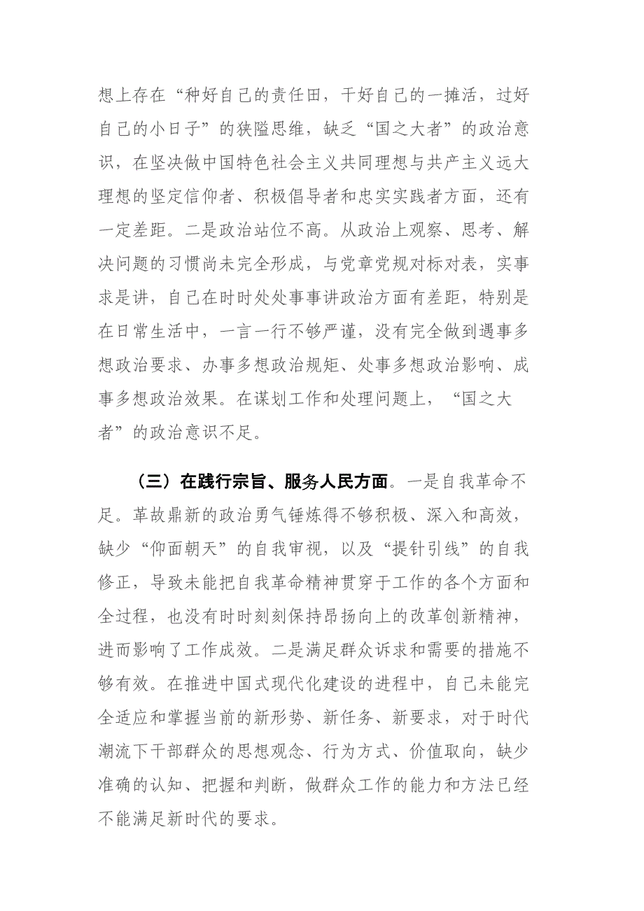 领导干部2024年专题个人“新六个方面”对照检查发言材料（以身作则廉洁自律、践行宗旨服务人民、求真务实狠抓落实等）范文_第3页