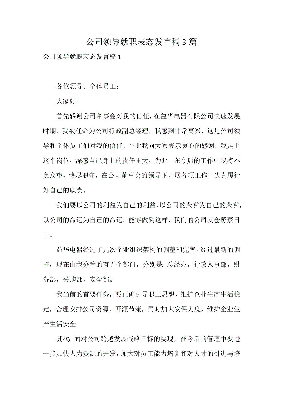 公司领导就职表态发言稿3篇_第1页