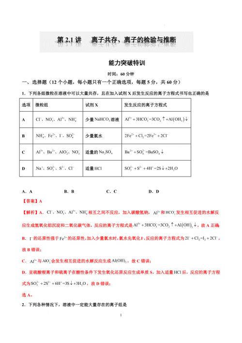 第06讲 离子共存、离子的检验与推断（特训）-【能力突破】2024年高考化学大一轮复习卓越讲义（解析版）