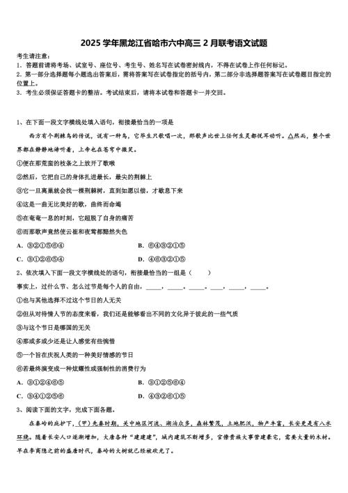 2025学年黑龙江省哈市六中高三2月联考语文试题含解析