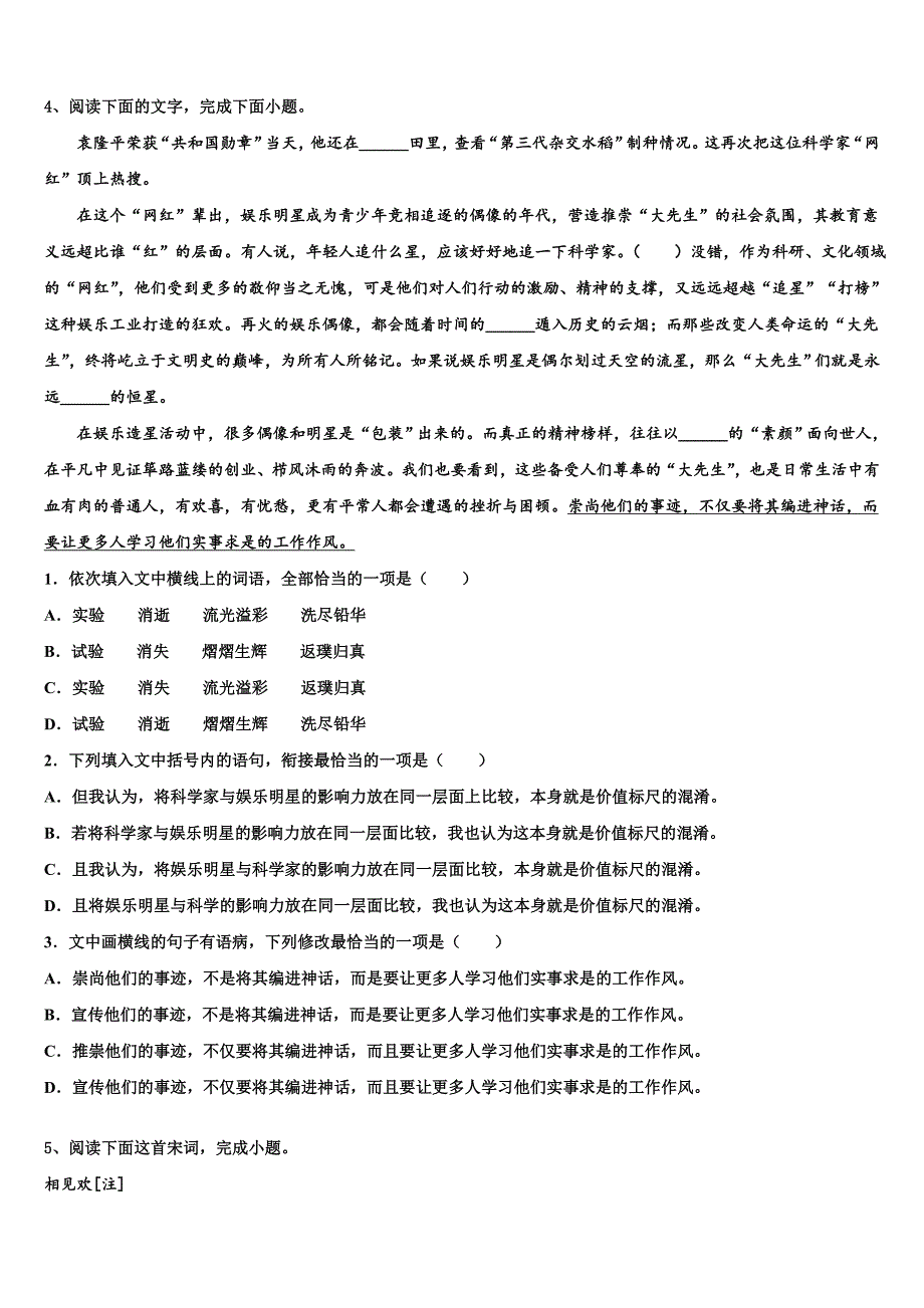 2025学年深圳市高三第二次质量测试（5月）语文试题试卷含解析_第3页