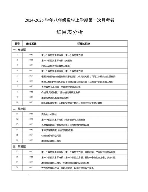 八年级数学第一次月考卷（北师大版）（细目表分析）A4版