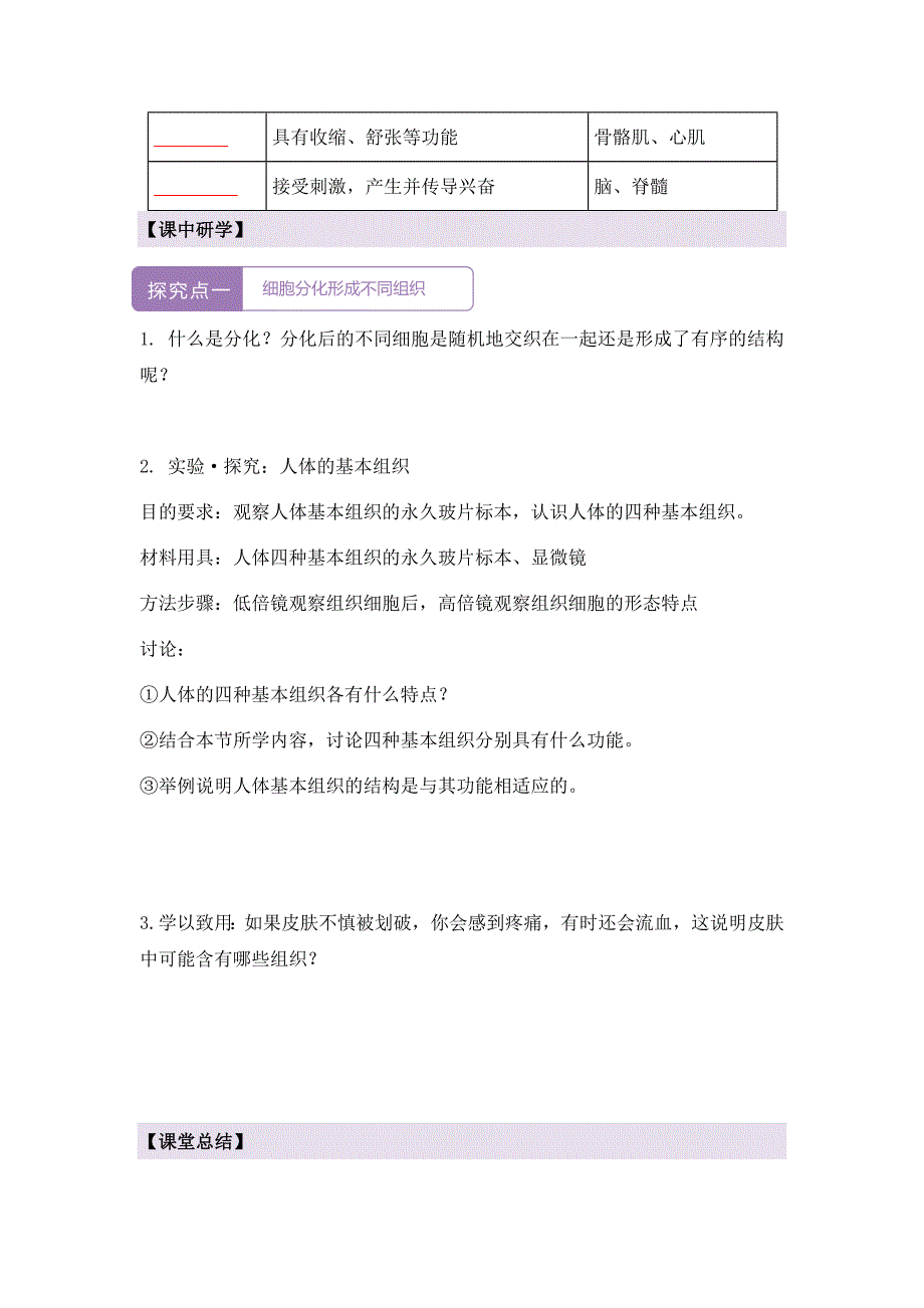 人教版（2024新板）七年级生物上册第一单元第三章第二节《动物体的结构层次（第一课时）》导学案_第2页