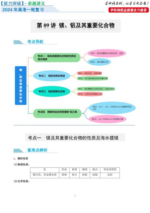 第09讲 镁、铝及其重要化合物（讲义）-【能力突破】2024年高考化学大一轮复习卓越讲义（解析版）