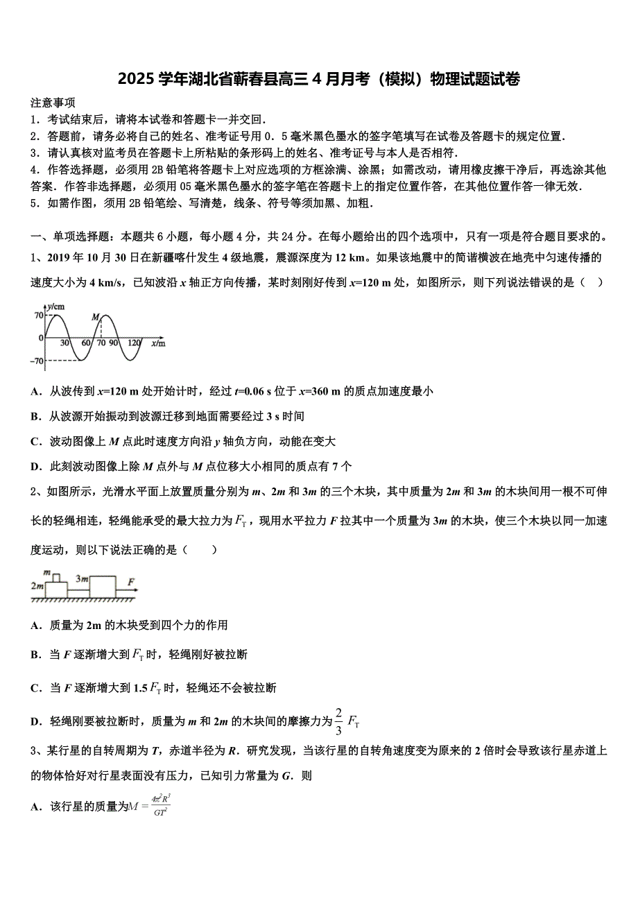 2025学年湖北省蕲春县高三4月月考（模拟）物理试题试卷_第1页